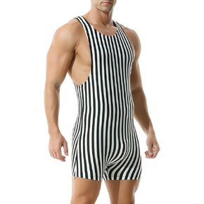 Mens Striped Wrestling Singlet Athletic Supporters Shapewear Bodysuit Boxer Shorts One-Piece Jumpsuit
