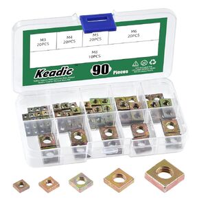 Keadic 90Pcs 304 Stainless Steel Square Nuts Assortment Kit, M3x5.5mmx2mm, M4x7mmx2mm, M5x8mmx3mm, M6x10mmx3mm, M8x13mmx4mm Coarse Thread Nut for Furniture, Electrical Appliances