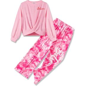 Arshiner Girls 2 Piece Outfits Sweatsuit Set Twist Front Sweatshirt Wide Leg Sweatpants Tracksuit with Pockets