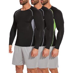 MISS MOLY 3 Pack Men's Compression Shirt Athletic Workout T-Shirts Top Long Sleeve Base Layer Patchwork Sport Undershirt