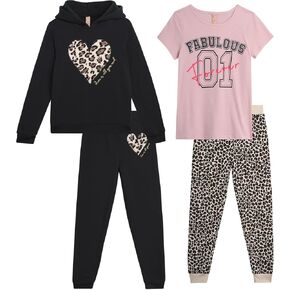 Dreamstar Girls' Activewear Set - 4 Piece Cozy Fleece Hoodie, Short Sleeve T-shirt and Jogger Pants Set for Girls (7-16)