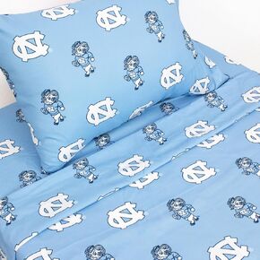 College Covers Everything Comfy North Carolina Tar Heels King Sized 4 Piece Sheet Set, White Color Background, 1 Flat Sheet, 1 Fitted Sheet, 2 Pillowcases