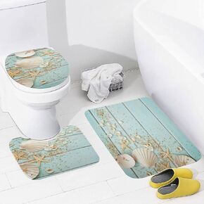 Summer Seashells Starfish Bathroom Rugs Sets 3 Piece Coral Velvet Bath Rugs Beach Wooden Non-Slip Absorbent U-Shaped Shower Mat Decor Area Rug Sets Toilet Lid Cover Quick Dry 19.7"x31.5"