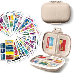 Pill Organizer with Medicine Labels Travel Daily Pill Container Mini Medication Organizer Storage Pill Organizer Travel Essentials Pill Case 7 Day Pill Organizer (Beige, 161 Lables)