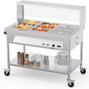 96QT Commercial Food Warmer 12x8QT Electric Steam Table 12-Pans with Acrylic Shield Stainless Steel Bain Marie Countertop with Lockable Wheels for Restaurants Buffets Party 1500W, 110V