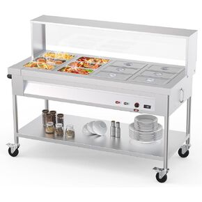 96QT Commercial Food Warmer 12x8QT Electric Steam Table 12-Pans with Acrylic Shield Stainless Steel Bain Marie Countertop with Lockable Wheels for Restaurants Buffets Party 1500W, 110V
