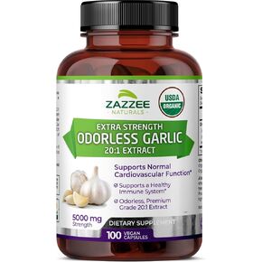 Zazzee USDA Organic Odorless Garlic 20:1 Extract, 5000 mg Strength, 100 Vegan Capsules, 3+ Month Supply, Standardized, Concentrated 20X Extract, 100% Vegetarian, All-Natural, Non-GMO, Made in The USA
