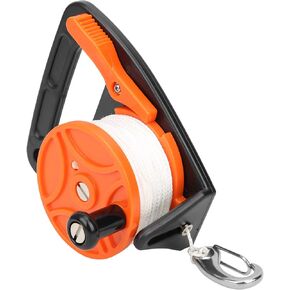 150ft Dive Reel With Thumb Stopper, Scuba Ratchet Diving High Visibility White Line Underwater Safety Accessory Handle Stop Switch SMB Cave Wreck Snorkeling Canoe Drift