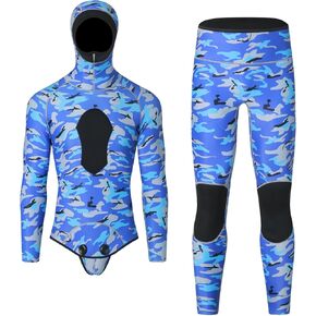 Mens Wetsuit 3mm Neoprene Stretch Camouflage Printing Snorkeling 2-Pieces Hooded Diving Suits