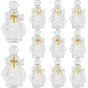 10 Set Holy Water Bottles 50ml Catholic Christian Glass Bottles With 10Pcs Cross Lapel Pins and 10Pcs Lace Bow for Holy Communion Gifts Empty Container for Church Wedding Party Favors Gift
