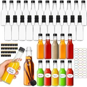 AuroTrends Hot Sauce Bottles 5 oz 35Pack, Empty Wine Bottles with Caps/Shrink Capsules/Stickers -5oz Clear Woozy Bottles/Glass Bottles with Lids (5 fl.oz/ 35Pack-Red Lids)