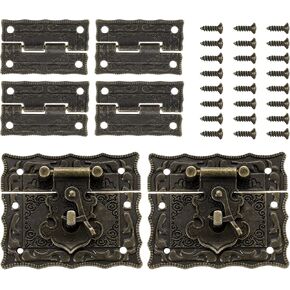uxcell 2pcs Retro Bronze Alloy Latch Locks and 4pcs Engraved Hinges, 51 x 44mm Latch Buckle and Pattern Hinge with 24pcs Screws for Decorative Cabinet Small Wooden Box