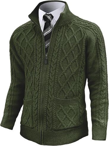 Comdecevis Men's Cardigan Sweaters Full Zip Up Stand Collar Slim Fit Cable Knitted Sweater with Pockets in Saudi Arabia
