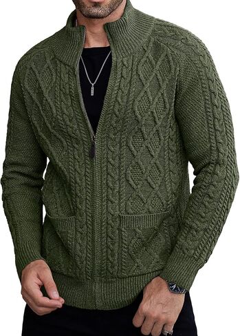 Comdecevis Men's Cardigan Sweaters Full Zip Up Stand Collar Slim Fit Cable Knitted Sweater with Pockets in Saudi Arabia
