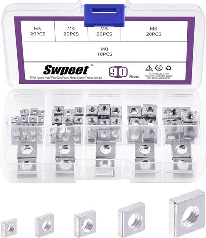 Swpeet 90Pcs 5 Sizes M3 M4 M5 M6 M8 304 Stainless Steel Metric Coarse Thread Square Nuts Assortment Kit, Machine Screw Nuts Metric Coarse Thread for Home Automotive Shop Use in Saudi Arabia