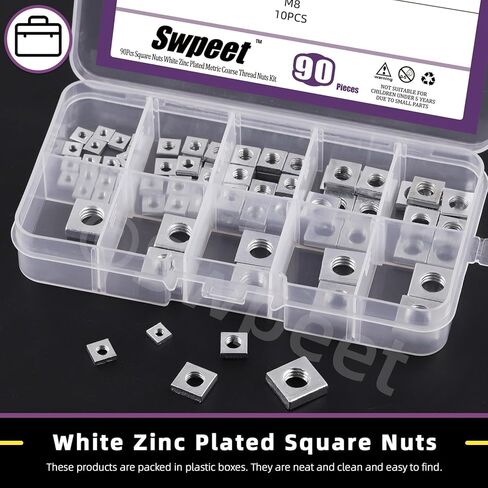 Swpeet 90Pcs 5 Sizes M3 M4 M5 M6 M8 304 Stainless Steel Metric Coarse Thread Square Nuts Assortment Kit, Machine Screw Nuts Metric Coarse Thread for Home Automotive Shop Use in Saudi Arabia
