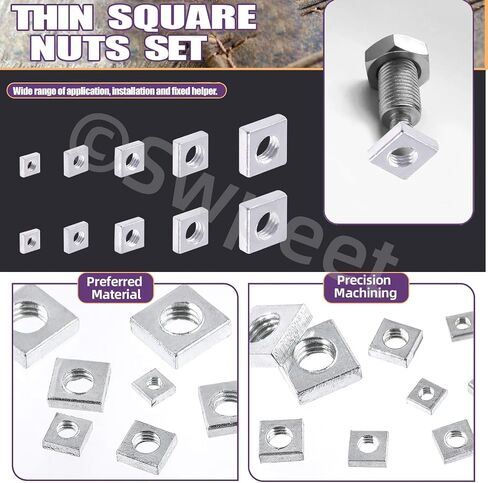 Swpeet 90Pcs 5 Sizes M3 M4 M5 M6 M8 304 Stainless Steel Metric Coarse Thread Square Nuts Assortment Kit, Machine Screw Nuts Metric Coarse Thread for Home Automotive Shop Use in Saudi Arabia