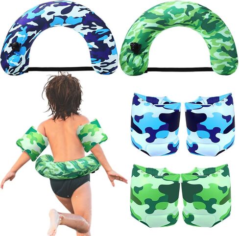 6 Pack Swim Trainer for Kids Swimming Belt Camouflage Portable Inflatable Swim Training Aid 2 Pair Swimming Arm Float Ring Child Arm Bands Floater 2 Pcs Flotation Belt(Blue and Green) in Saudi Arabia