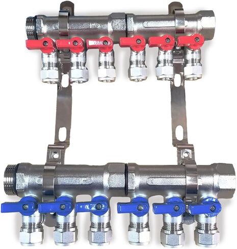 4 Loop 1/2" Plumbing PEX Manifolds 1" trunk w/ 1/2" Pex Ball Valves - 4-Branch Radiant Heat Manifold - PEX Tubing Floor Heating Manifolds - Red Handles (4 Loop Red) in Kuwait
