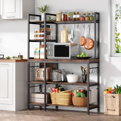Tribesigns Bakers Rack with Storage for Kitchen 43 Inch Wide Large Racks Shelves, 5-Tier Tall Utility Shelves Organizers and 10 Hooks, Black Brown in Saudi Arabia