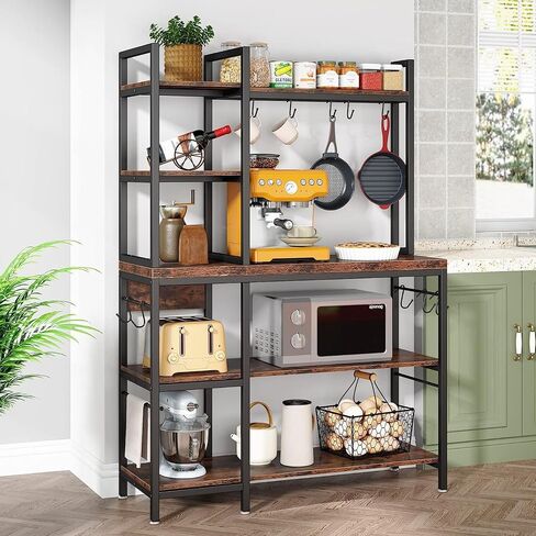 Tribesigns Bakers Rack with Storage for Kitchen 43 Inch Wide Large Racks Shelves, 5-Tier Tall Utility Shelves Organizers and 10 Hooks, Black Brown in Saudi Arabia