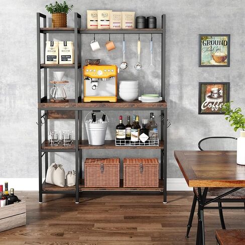 Tribesigns Bakers Rack with Storage for Kitchen 43 Inch Wide Large Racks Shelves, 5-Tier Tall Utility Shelves Organizers and 10 Hooks, Black Brown in Saudi Arabia