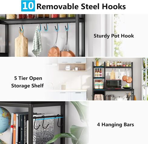 Tribesigns Bakers Rack with Storage for Kitchen 43 Inch Wide Large Racks Shelves, 5-Tier Tall Utility Shelves Organizers and 10 Hooks, Black Brown in Saudi Arabia