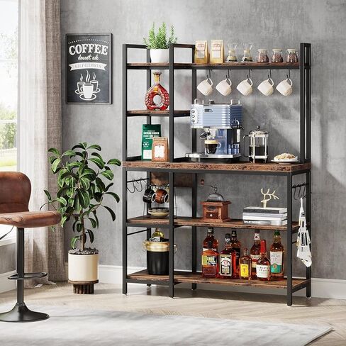Tribesigns Bakers Rack with Storage for Kitchen 43 Inch Wide Large Racks Shelves, 5-Tier Tall Utility Shelves Organizers and 10 Hooks, Black Brown in Saudi Arabia
