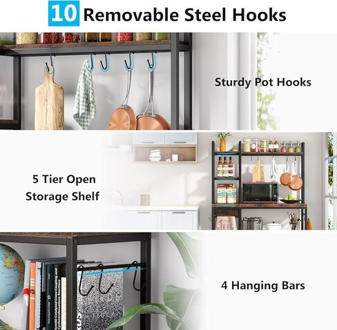 Tribesigns Bakers Rack with Storage for Kitchen 43 Inch Wide Large Racks Shelves, 5-Tier Tall Utility Shelves Organizers and 10 Hooks, Black Brown in Saudi Arabia