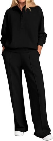 PRETTYGARDEN Women Fall 2 Piece Outfits Sweatsuits Quarter Button Long Sleeve Sweatshirt Wide Leg Pants Tracksuit Lounge Sets in Saudi Arabia