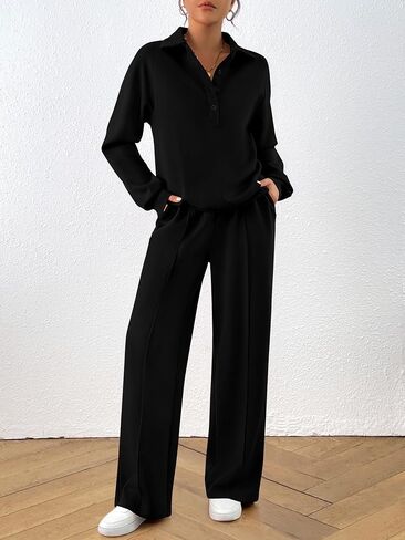 PRETTYGARDEN Women Fall 2 Piece Outfits Sweatsuits Quarter Button Long Sleeve Sweatshirt Wide Leg Pants Tracksuit Lounge Sets in Saudi Arabia