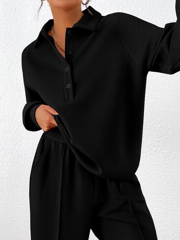 PRETTYGARDEN Women Fall 2 Piece Outfits Sweatsuits Quarter Button Long Sleeve Sweatshirt Wide Leg Pants Tracksuit Lounge Sets in Saudi Arabia