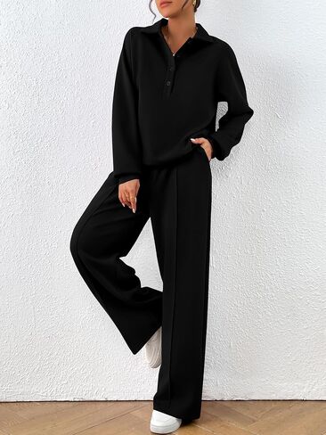 PRETTYGARDEN Women Fall 2 Piece Outfits Sweatsuits Quarter Button Long Sleeve Sweatshirt Wide Leg Pants Tracksuit Lounge Sets in Saudi Arabia