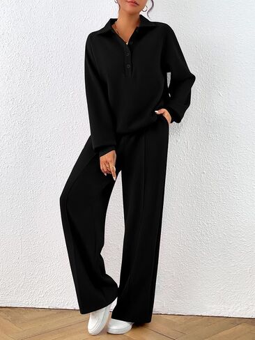 PRETTYGARDEN Women Fall 2 Piece Outfits Sweatsuits Quarter Button Long Sleeve Sweatshirt Wide Leg Pants Tracksuit Lounge Sets in Saudi Arabia