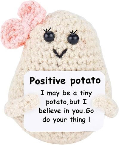 Mini Funny Knitted Wool Potato with Positive Card -Cute Animals Creative Knitted Holding Card Crochet Birthday Christmas Girls Gifts Party Decor in Saudi Arabia