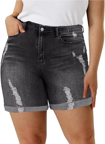 RITERA Plus Size Denim Jeans Shorts for Women Ripped Distressed Basic Pants Pocket Fold Hem High Waist Curvy Skinny 16-28 in Saudi Arabia