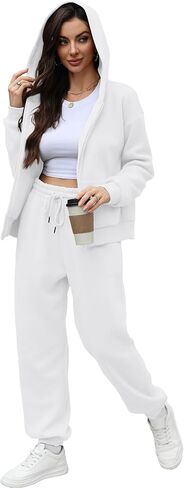 Saloogoe Sweatsuits Women 2 Piece Outfits 2024 Fall Fleece Sweatshirt Sets Zip Up Hoodie Sets Travel Lounge Sets in Kuwait