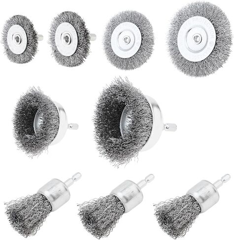 9 قطع فرشاة سلكية لمجموعة المثقاب، ساق سداسية 1/4 بوصة، 0.012 بوصة من الكربون الخشن السرعة القصوى 4500 دورة في الدقيقة من الفولاذ 7 أحجام ملحق فرشاة سلك الحفر لإزالة الطلاء والصدأ in Kuwait