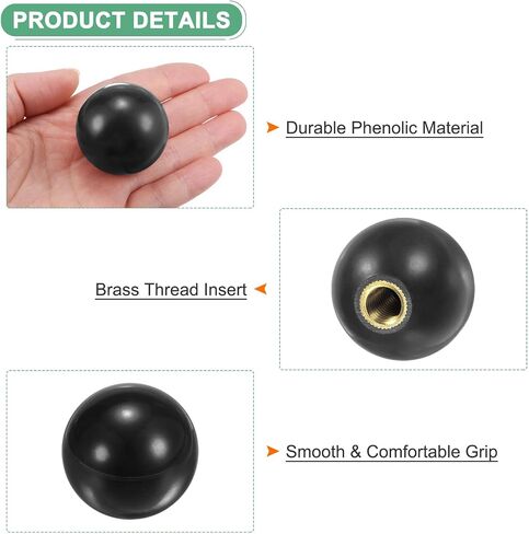 3-Pack Threaded Ball Knobs, M12 Female Thread 40mm Dia. Thermoset Ball Knob for Lathe/Machine/Lawn Mowers, Round Phenolic Brass Insert Lever Handle [Black] in Saudi Arabia