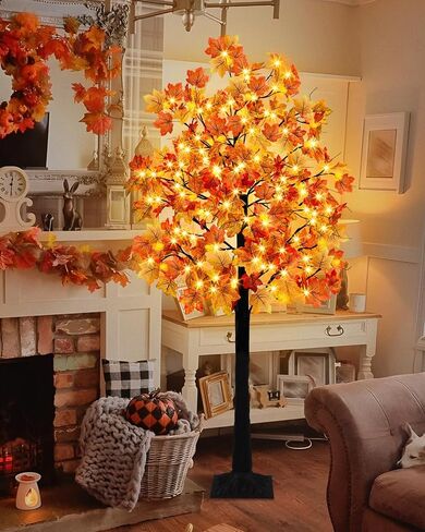 Uieke 4FT 48LED مضاءة شجرة القيقب سقوط شجرة اصطناعية مع 12PCS الصنوبر المخاريط أضواء 8 طرق عيد الشكر زينة الخريف للمنزل الخريف ديكور داخلي في الهواء الطلق in Kuwait