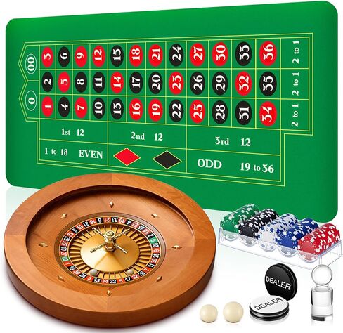 Roulette Wheel Game Set Include 20'' Solid Wood Roulette Wheel Two 0.6'' and Two 0.7'' Resin Balls 35" x 16" Rubber Portable Roulette Tabletop Layout Mat 100 Chips Roulette Marker Dealer Button in Saudi Arabia