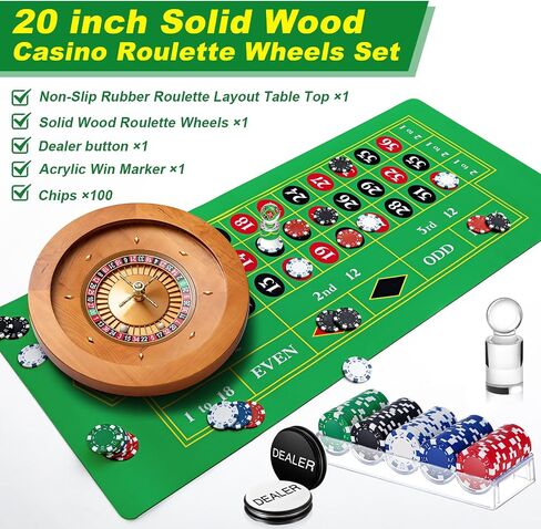 Roulette Wheel Game Set Include 20'' Solid Wood Roulette Wheel Two 0.6'' and Two 0.7'' Resin Balls 35" x 16" Rubber Portable Roulette Tabletop Layout Mat 100 Chips Roulette Marker Dealer Button in Saudi Arabia