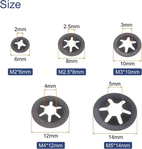 uxcell 200pcs Internal Tooth Star Lock Washers Set M2 M2.5 M3 M4 M5 Quick Speed Locking Washers, 304 Stainless Steel Starlock Push Nuts in Saudi Arabia