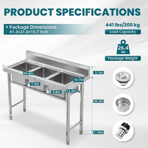 Commercial Stainless Steel Sink Free Standing Triple Bowl Utility Laundry Outdoor Kitchen Sink for Restaurant, Kitchen, Bar, 39" x 20" Triple Bowl in Saudi Arabia