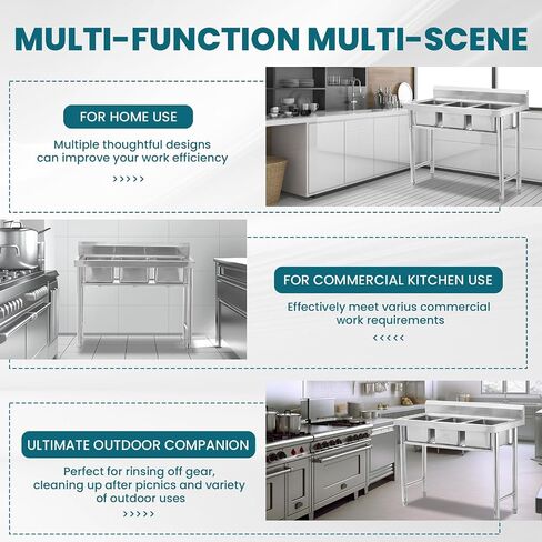 Commercial Stainless Steel Sink Free Standing Triple Bowl Utility Laundry Outdoor Kitchen Sink for Restaurant, Kitchen, Bar, 39" x 20" Triple Bowl in Saudi Arabia