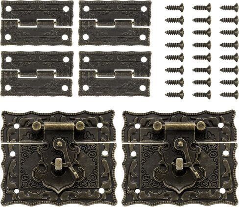uxcell 2pcs Retro Bronze Alloy Latch Locks and 4pcs Engraved Hinges, 51 x 44mm Latch Buckle and Pattern Hinge with 24pcs Screws for Decorative Cabinet Small Wooden Box in Kuwait