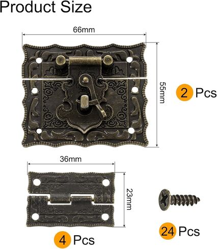 uxcell 2pcs Retro Bronze Alloy Latch Locks and 4pcs Engraved Hinges, 51 x 44mm Latch Buckle and Pattern Hinge with 24pcs Screws for Decorative Cabinet Small Wooden Box in Kuwait