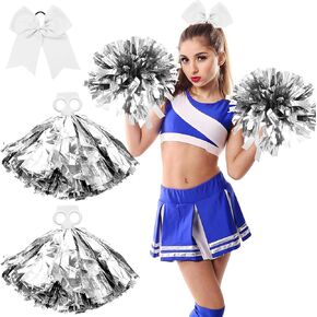 3 Pcs Cheerleading Pom Poms and Cheerleader Hair Bow for Girls Large Metallic Foil Cheer Pom Poms Cheerleader Accessories Sport Events Dance Spirit Cheering Football Baseball