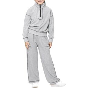 JiAmy Girls 2 Piece Outfits Sweatsuit Set Lapel Collar Half Zip Long Sleeve Sweatshirt Sweatpant Tracksuit Sets for 5-12 Year in Kuwait