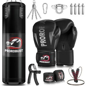 Prorobust Punching Bag for Adults, 4ft Oxford Heavy Boxing Bag Set, 12 oz Boxing Gloves, Hand Wraps, Jump Rope & Strength Trainer. Versatile Boxing Training Equipment for Kick Boxing Karate - Unfilled